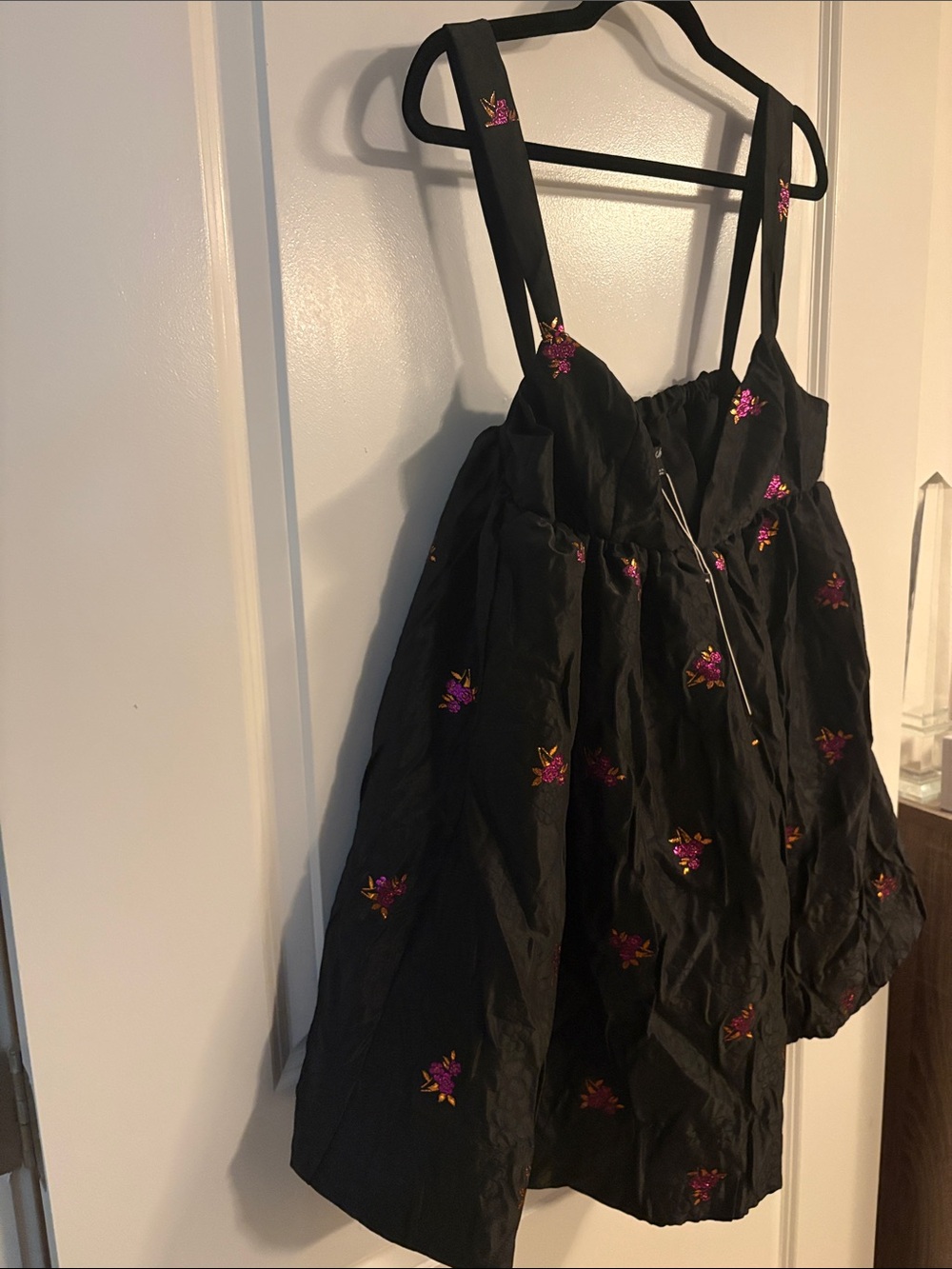 For Love And Lemons Black Mini Bubble Dress with Pink & Gold Embroidered Flowers - Picture 4 of 7